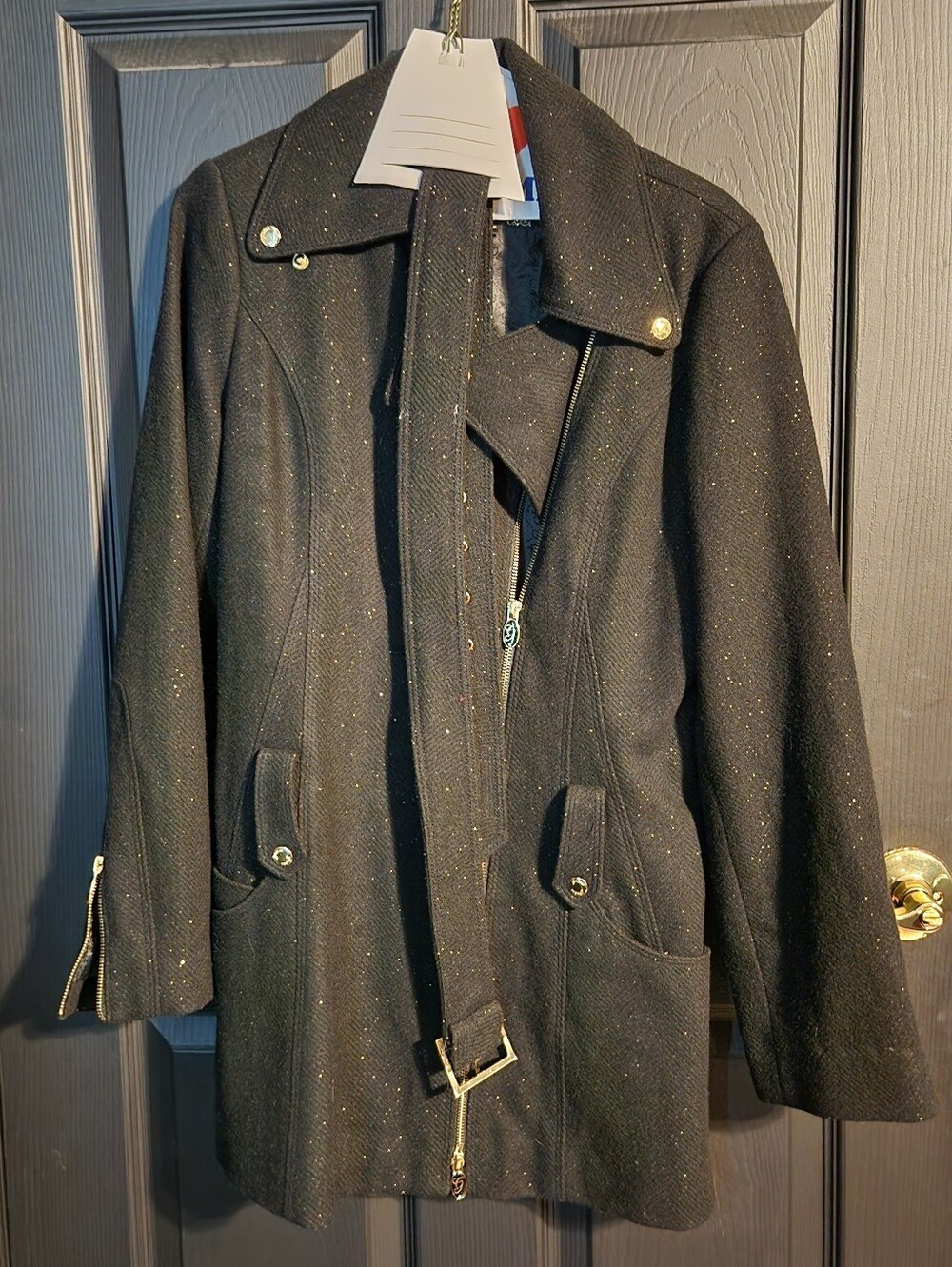 Guess Black With Gold Sparkle Pea Coat with Belt